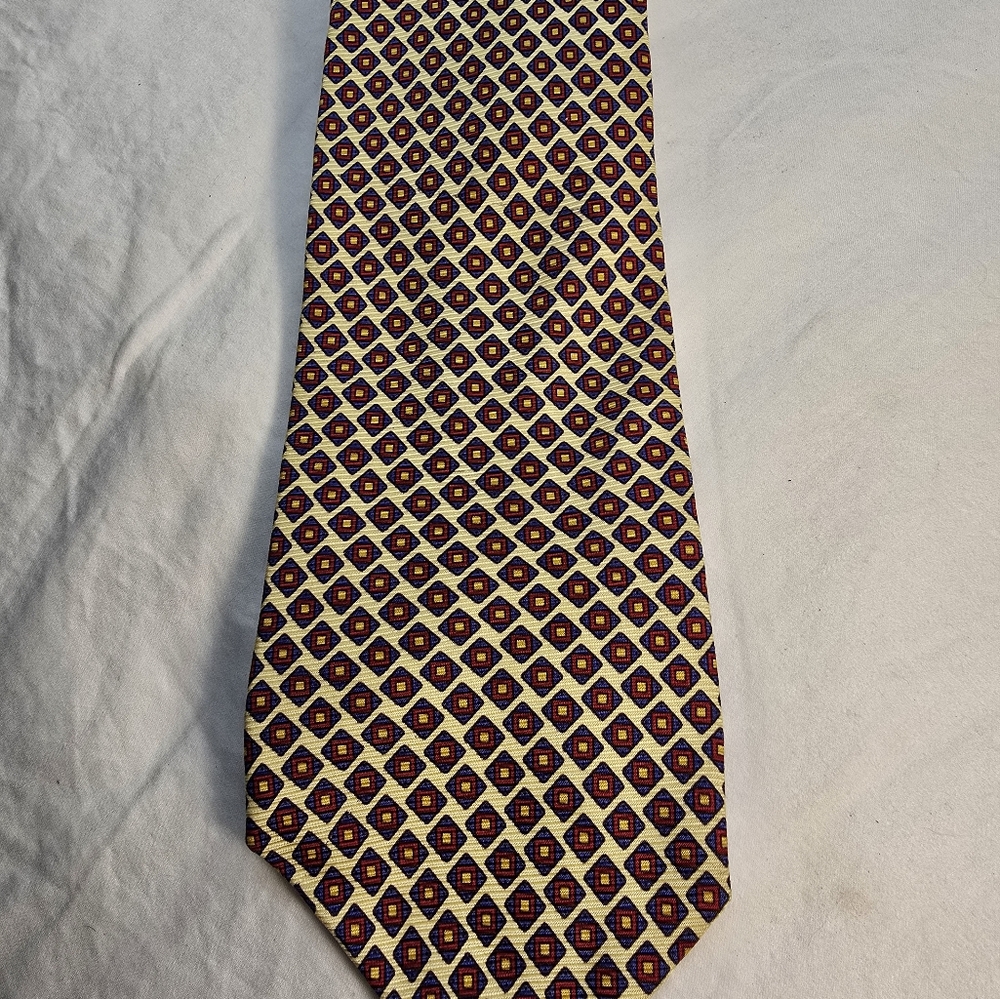 Lauren Ralph Lauren Necktie 100% Silk Made In USA Yellow Blue Burgundy